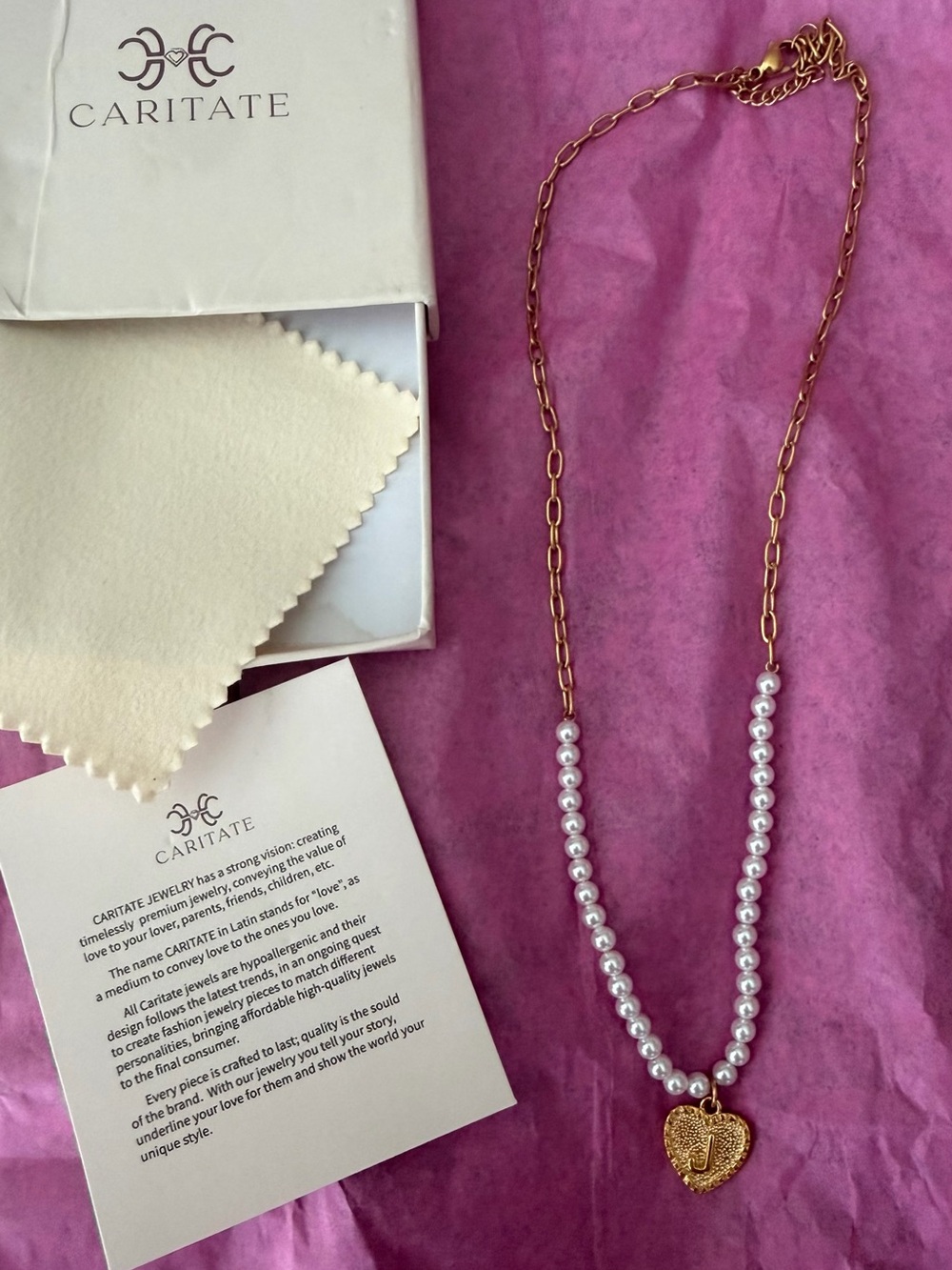 Caritate pearl and gold initials j heart necklace